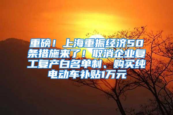 重磅！上海重振經(jīng)濟(jì)50條措施來了！取消企業(yè)復(fù)工復(fù)產(chǎn)白名單制、購買純電動(dòng)車補(bǔ)貼1萬元