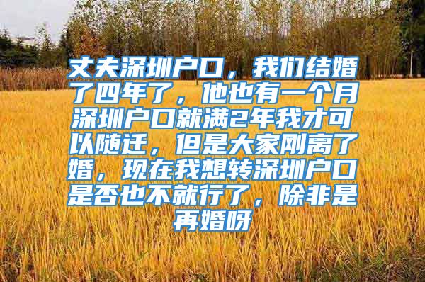 丈夫深圳戶口，我們結(jié)婚了四年了，他也有一個月深圳戶口就滿2年我才可以隨遷，但是大家剛離了婚，現(xiàn)在我想轉(zhuǎn)深圳戶口是否也不就行了，除非是再婚呀